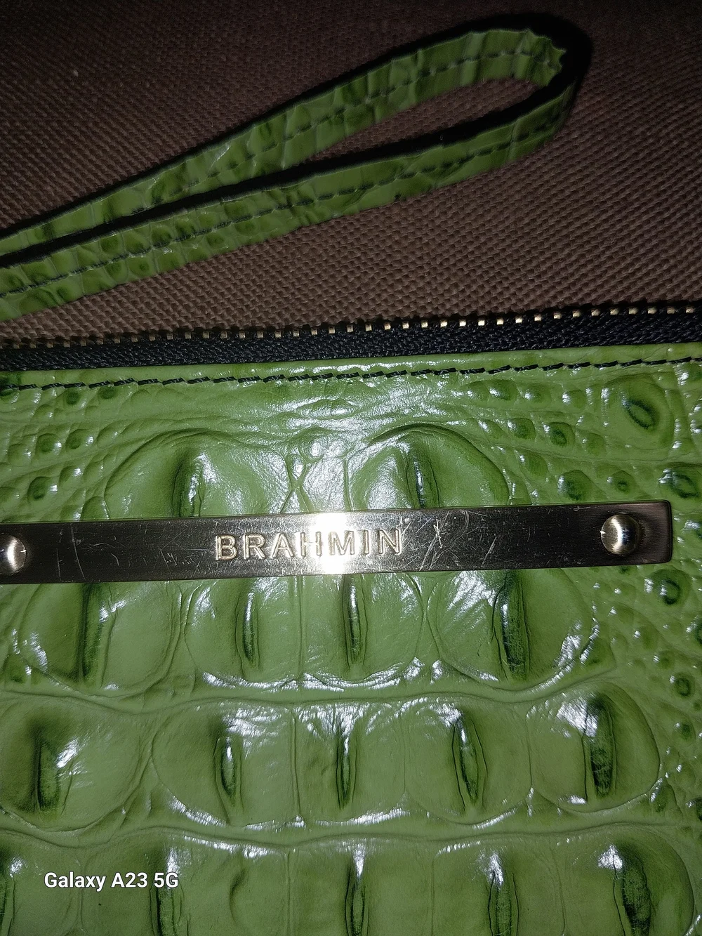 Brahmin Green Croc Embossed Wristlet/ Clutch Gold Hardware Zipper Enclosure